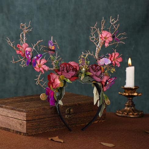 MOSTORY Handmade LED Butterfly Branch Headband - Yellow Woodland Hairband with Flower Forest Headpiece Fairy Antler Hairband for Renaissance Halloween Cosplay Prom Party in Saudi Arabia
