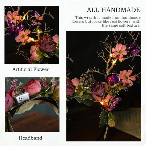 MOSTORY Handmade LED Butterfly Branch Headband - Yellow Woodland Hairband with Flower Forest Headpiece Fairy Antler Hairband for Renaissance Halloween Cosplay Prom Party in Saudi Arabia