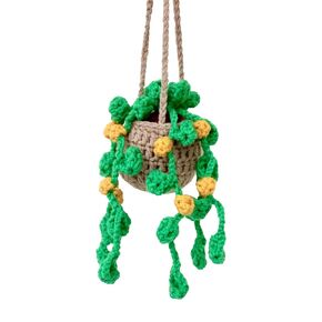 Handmade Crochet Car Accessories, Handmade Knitted Potted Plants Car, Crochet Plant for Rear View Mirror Car, Mini Plant Pots Hanging Basket, Hand-Woven Decoration (Yellow Bee with White Flower)