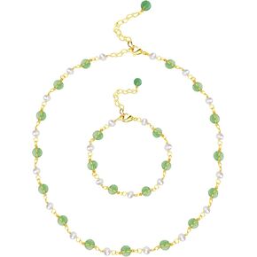 DAUMIER Jade Emerald Small Donut Good Fortunate Blue Jewelry Set Handmade Necklace Hand Chain Bracelet Earrings Gold Plated Natural Jade Jewelry Birthday Gift for Women