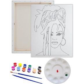 Pre Drawn Canvas Rhianna Paint Kit | Adult & Teen Sip and Paint Party Favor | DIY Date Night Couple Activity ((S 8X10 PAINT, EASLE, 10 PAINT BRUSHES)