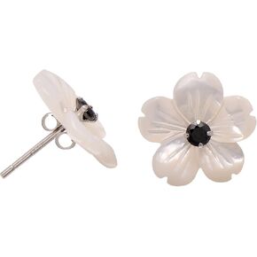 Hand Carved Flower Shell Earring Jacket with 3MM White Cubic Zirconia Sterling Silver Studs
