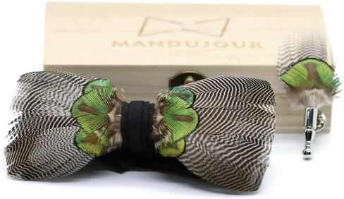 Jacksonville Grey Green Feather Bow Tie & Lapel Pin Set | Handmade Accessory for Men | Free Lapel Pin & Pinewood Gift Box in Saudi Arabia