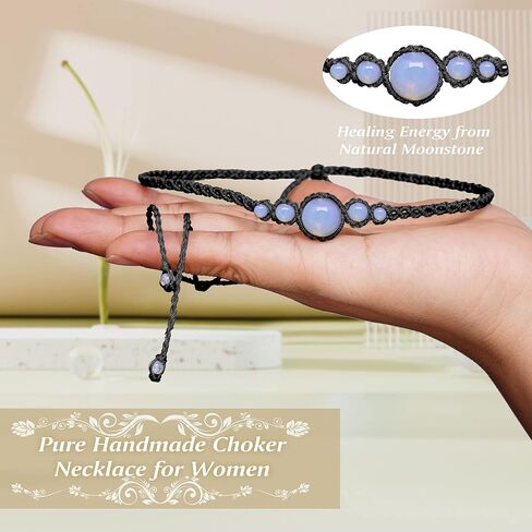 Nymerianoble Moonstone القلائد للنساء اليدوية قلادة سوداء للنساء Moonstone قلادة Macrame المختنقون للنساء حجر القمر الطبيعي مجوهرات الأحجار الكريمة هدايا عيد الميلاد in Kuwait