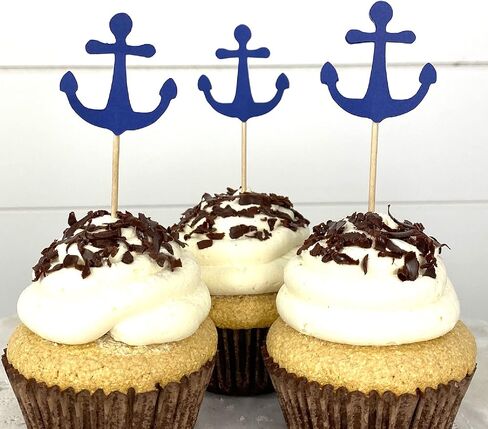 أغطية كب كيك مرساة - أغطية مرساة كلاسيكية باللون الأزرق الداكن - اختيارات الحفلات - أعواد الطعام - ديكورات الحفلات البحرية (مجموعة من 24 قطعة) in Kuwait