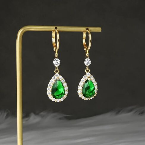 Emerald Green Earrings with 14k Gold Plated Sterling Silver Post Hypoallergenic Handmade Rhinestone Dangle Earrings for Women Fashion Trendy in Saudi Arabia