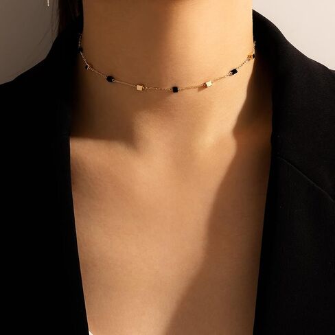 Bohemia Beaded Beads Choker Necklace for Women,Handmade Dainty Tiny Fresh Green Beaded Square Round Crystal Bead Collar Necklace for Women (Black) in Kuwait