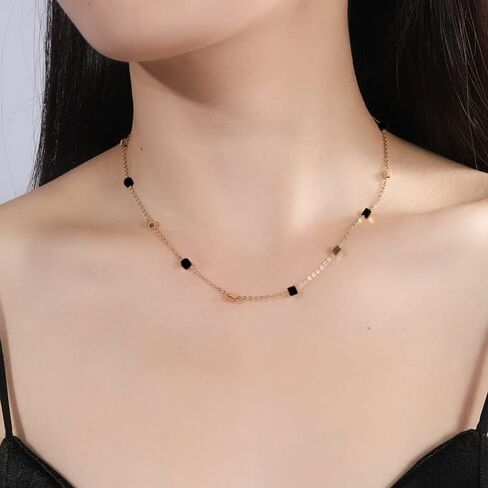 Bohemia Beaded Beads Choker Necklace for Women,Handmade Dainty Tiny Fresh Green Beaded Square Round Crystal Bead Collar Necklace for Women (Black) in Kuwait