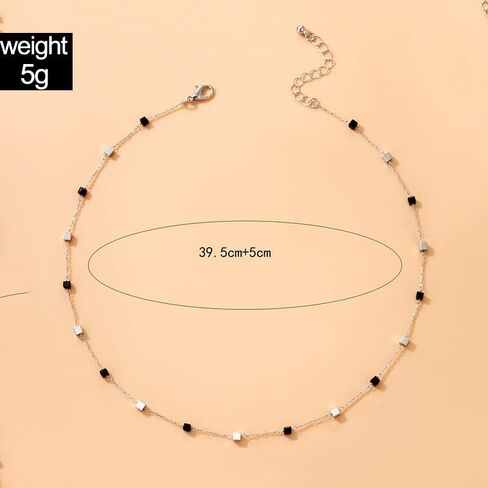 Bohemia Beaded Beads Choker Necklace for Women,Handmade Dainty Tiny Fresh Green Beaded Square Round Crystal Bead Collar Necklace for Women (Black) in Kuwait