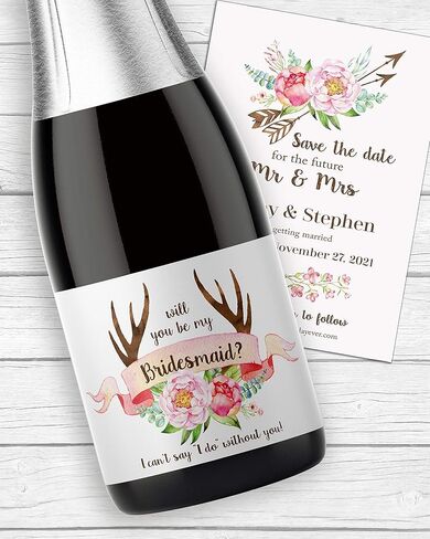 Antlers Bridesmaid Mini Champagne Label ● SET of 8 ● Rustic Bridesmaid Proposal, Country Maid of Honor ASK Matron of Honor Proposal, Wedding Wine Gifts, Favors, 3.5" x 2" WATERPROOF Labels, M121-ASK-8 in Saudi Arabia