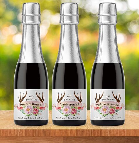 Antlers Bridesmaid Mini Champagne Label ● SET of 8 ● Rustic Bridesmaid Proposal, Country Maid of Honor ASK Matron of Honor Proposal, Wedding Wine Gifts, Favors, 3.5" x 2" WATERPROOF Labels, M121-ASK-8 in Saudi Arabia