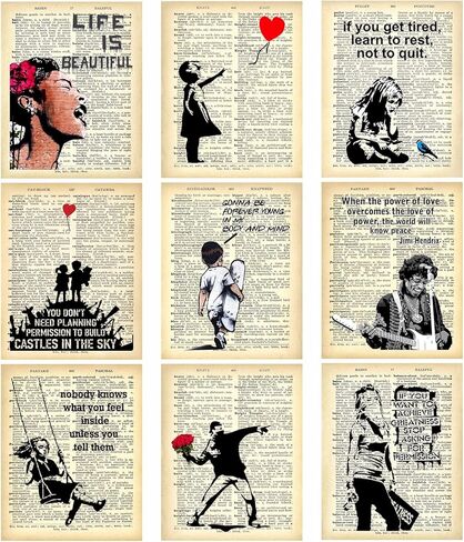 Banksy Wall Art Set - Motivational Graffiti Street Art Positive Inspirational Quotes Encouraging Poster for Living Room Teens Bedroom Home Office Decor - Unframed 8 x 10 Dictionary Prints in Kuwait
