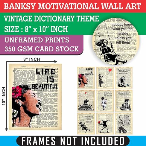 Banksy Wall Art Set - Motivational Graffiti Street Art Positive Inspirational Quotes Encouraging Poster for Living Room Teens Bedroom Home Office Decor - Unframed 8 x 10 Dictionary Prints in Kuwait