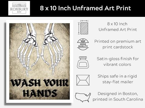 فن جداري لديكور الحمام من Roxbury Row Skeleton Hands، ديكور هيكل عظمي | لافتات حمام مضحكة، فن جداري لديكور الحمام القوطي، ديكور مخيف، ديكور مخيف، ديكور حمام الهالوين (8X10 غير مؤطر) in Kuwait