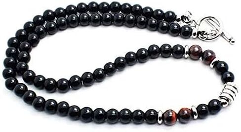 VN Jewelry مصنوع يدويًا للرجال من عقيق عين النمر مطرز بسلسلة من الأحجار الكريمة الطبيعية مجوهرات كريستالية للشفاء (عين النمر الأحمر/العقيق الأسود) in Kuwait