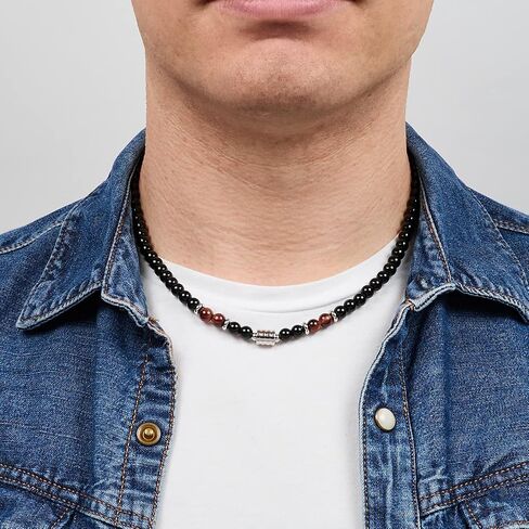 VN Jewelry مصنوع يدويًا للرجال من عقيق عين النمر مطرز بسلسلة من الأحجار الكريمة الطبيعية مجوهرات كريستالية للشفاء (عين النمر الأحمر/العقيق الأسود) in Kuwait