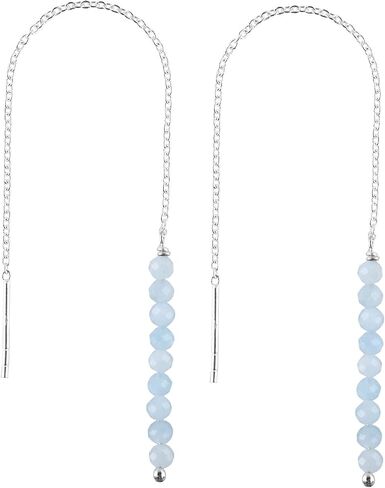 Natural Amazonite Crystal Stone Beads Dainty Threader Earrings for Women, Birthstone Handmade Birthday Jewelry Gift for Mom, Silver Plated Threader Dangle Earrings in Kuwait