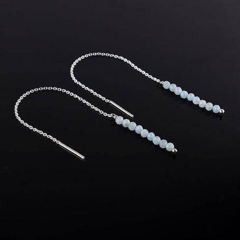 Natural Amazonite Crystal Stone Beads Dainty Threader Earrings for Women, Birthstone Handmade Birthday Jewelry Gift for Mom, Silver Plated Threader Dangle Earrings in Kuwait
