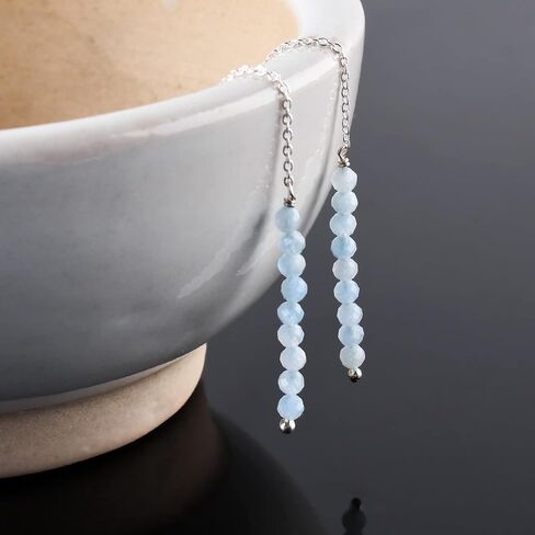Natural Amazonite Crystal Stone Beads Dainty Threader Earrings for Women, Birthstone Handmade Birthday Jewelry Gift for Mom, Silver Plated Threader Dangle Earrings in Kuwait