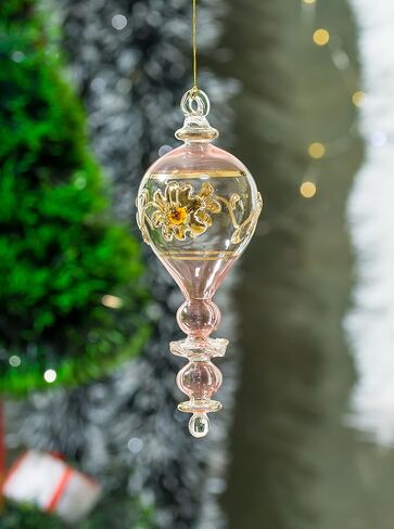 Pharaonic Vintage style pink Glass ornament for Christmas tree decorations emboss with 14K Gold | summer decorations for home | Xmas tree decorative ornaments | decorating gifts | hanging ornaments in Kuwait