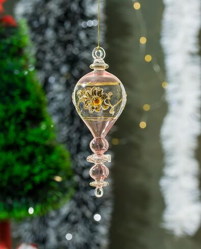 Pharaonic Vintage style pink Glass ornament for Christmas tree decorations emboss with 14K Gold | summer decorations for home | Xmas tree decorative ornaments | decorating gifts | hanging ornaments in Kuwait