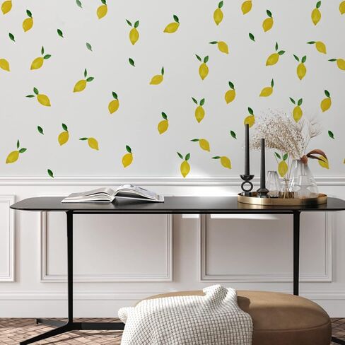 ملصقات حائط ليمون من Wallency - ملصق حائط من القماش - ملصقات حائط للمطبخ بألوان مائية ليمون وأوراق الشجر - ملصقات قابلة للتقشير واللصق، قابلة للإزالة - مجموعة من 40 ملصقًا in Kuwait