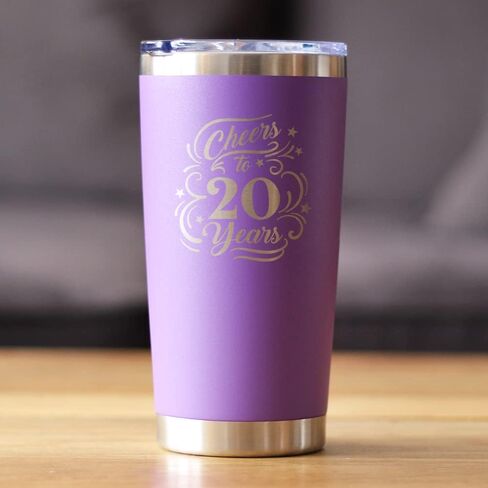 Cheers to 20 Years - كوب قهوة معزول بغطاء منزلق - كوب معزول من الفولاذ المقاوم للصدأ - هدايا الذكرى العشرين وديكور للحفلات - أسود in Kuwait