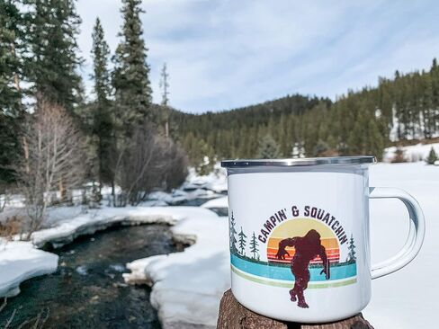 كوب Sasquatch Bigfoot المينا لإشعال النار في المخيم، كوب قهوة للتخييم في الهواء الطلق، هدية لمحبي التخييم في الطبيعة الجبلية (12oz) in Saudi Arabia