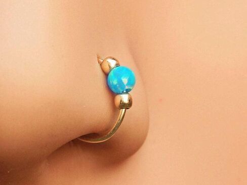 Gold Nose Ring - Opal piercing Hoop 20 gauge - Tiny Piercings Nose Rings hoop - Opal nose hoops - Thin Nose Hoop - Green opal piercing in Kuwait