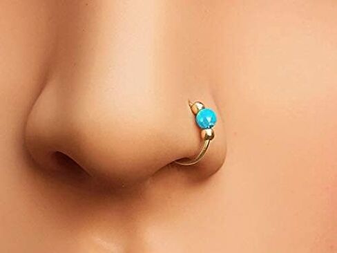 Gold Nose Ring - Opal piercing Hoop 20 gauge - Tiny Piercings Nose Rings hoop - Opal nose hoops - Thin Nose Hoop - Green opal piercing in Kuwait