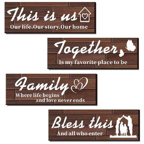 4 PCS Home Wall Decor Signs Rustic Wood Signs Farmhouse Entryway Signs for Bedroom Living Room Décor This is us/Together/Family/Bless this Rustic Wooden Wall Art Décor 13.8x 4.7Inch (Brown)