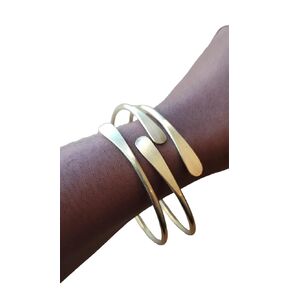 Brass Cuff Bracelets Set, African Brass Bangles For Women, Hammered Ends Stacking Bracelets, Boho Tribal Cultural Jewelry (1 Gold Plated Divine Goddess Engraved)