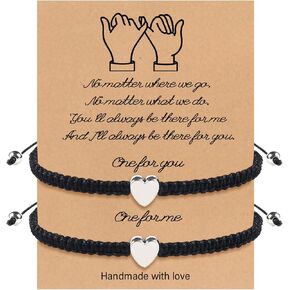 Back to School Bracelets Gifts 2Pcs Black Heart Mother Daughter Bracelets, Handmade Woven Thread String Stainless Steel Love Protection Bracelet Adjustable Rope Braided Jewelry for Friendship Couples