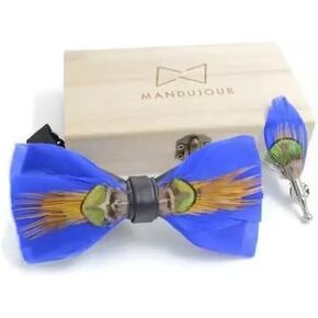 Blue Peacock Feather Bow Ties lapel Pin Set -Mandujour handmade gift in Saudi Arabia