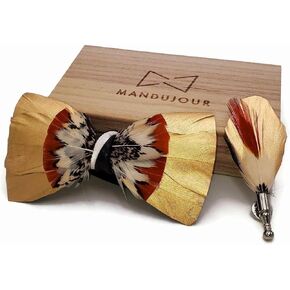 Golden Eggnog Feather Bow Tie & Lapel Pin Set | Golden Wedding Gift | Handmade by Mandujour in Saudi Arabia