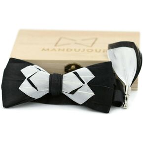 Black and White Exotic Feather Bow Tie and Lapel Pin Set | Mandujour Handmade Gift | Wedding & Prom Gift for Him in Saudi Arabia