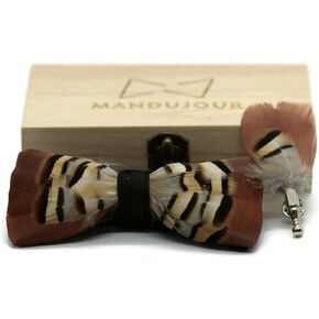 Brown Pheasant Feather Bow Ties Lapel Pin Set | Mandujour Handmade Gift | Unique Accessories for Men | Sustainable Fashion in Saudi Arabia