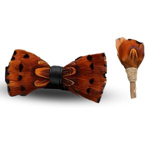 مجموعة ربطة عنق وربطة عنق من الريش البرتقالي النابض بالحياة | اكسسوار يدوي للرجال | دبوس طية صدر السترة وصندوق هدايا من خشب الصنوبر مجانًا in Kuwait