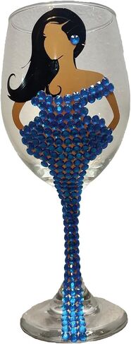 Diva Wine Glass, Long Hair, Large 20oz Decorated Wine Glass, Black, Brown, Woman Drinking Glass, Gift Favours, Gift Favors, Grant Favors, Unique Birthday Gift, Brown Girl on Wine Glass (Blue) in Saudi Arabia
