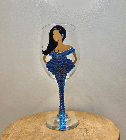 Diva Wine Glass, Long Hair, Large 20oz Decorated Wine Glass, Black, Brown, Woman Drinking Glass, Gift Favours, Gift Favors, Grant Favors, Unique Birthday Gift, Brown Girl on Wine Glass (Blue) in Saudi Arabia