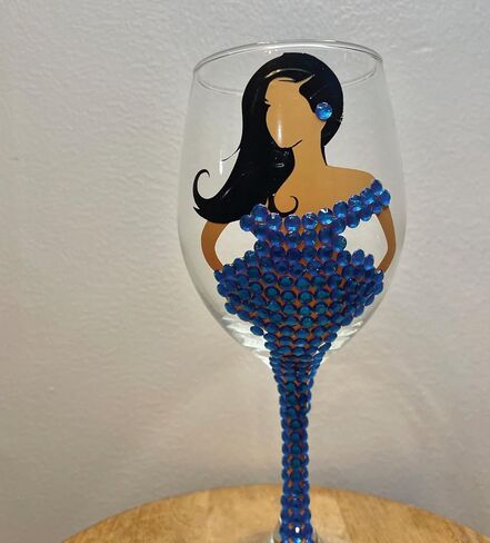 Diva Wine Glass, Long Hair, Large 20oz Decorated Wine Glass, Black, Brown, Woman Drinking Glass, Gift Favours, Gift Favors, Grant Favors, Unique Birthday Gift, Brown Girl on Wine Glass (Blue) in Saudi Arabia