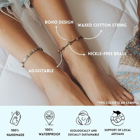 Boho Surfer Anklet Women - Ankle Bracelet for Her - Hippie Style - Handmade Beach Jewelry & Festival Accessories - Waterproof & Adjustable - Waxed Cotton Rope with Beads (Black Pearl) in Kuwait