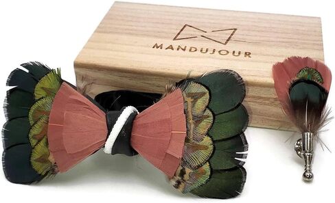 Exotic Fruitloop Feather Bow Tie with Feather Lapel Pin Set | Mandujour Handmade | Gift for Men | Wedding and Prom Accessories in Saudi Arabia