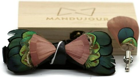 Exotic Fruitloop Feather Bow Tie with Feather Lapel Pin Set | Mandujour Handmade | Gift for Men | Wedding and Prom Accessories in Saudi Arabia