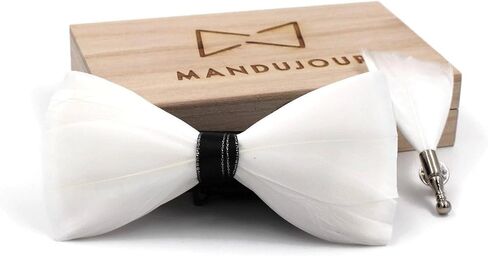 All White Snow Goose Feather Bow Tie & Lapel Pin Set | Mandujour Handmade with Free Wooden Box | American-Made | Natural Feathers in Saudi Arabia