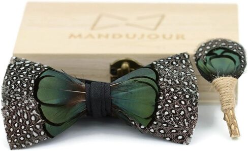 Seattle Polka Dot Green Pheasant Feather Bow Tie & Lapel Pin Set - Mandujour Handmade | Weddings and Proms Gifts in Saudi Arabia