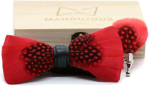 Red Black Guinea Fowl Feather Bow Tie & Lapel Pin Set - Handmade with Free Pinewood Gift Box in Saudi Arabia