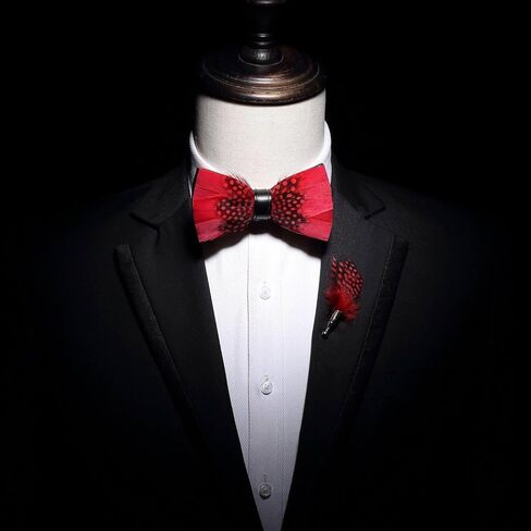 Red Black Guinea Fowl Feather Bow Tie & Lapel Pin Set - Handmade with Free Pinewood Gift Box in Saudi Arabia