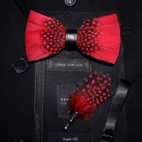 Red Black Guinea Fowl Feather Bow Tie & Lapel Pin Set - Handmade with Free Pinewood Gift Box in Saudi Arabia