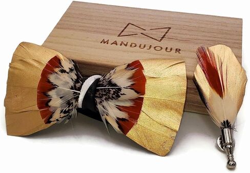 Golden Eggnog Feather Bow Tie & Lapel Pin Set | Golden Wedding Gift | Handmade by Mandujour in Saudi Arabia